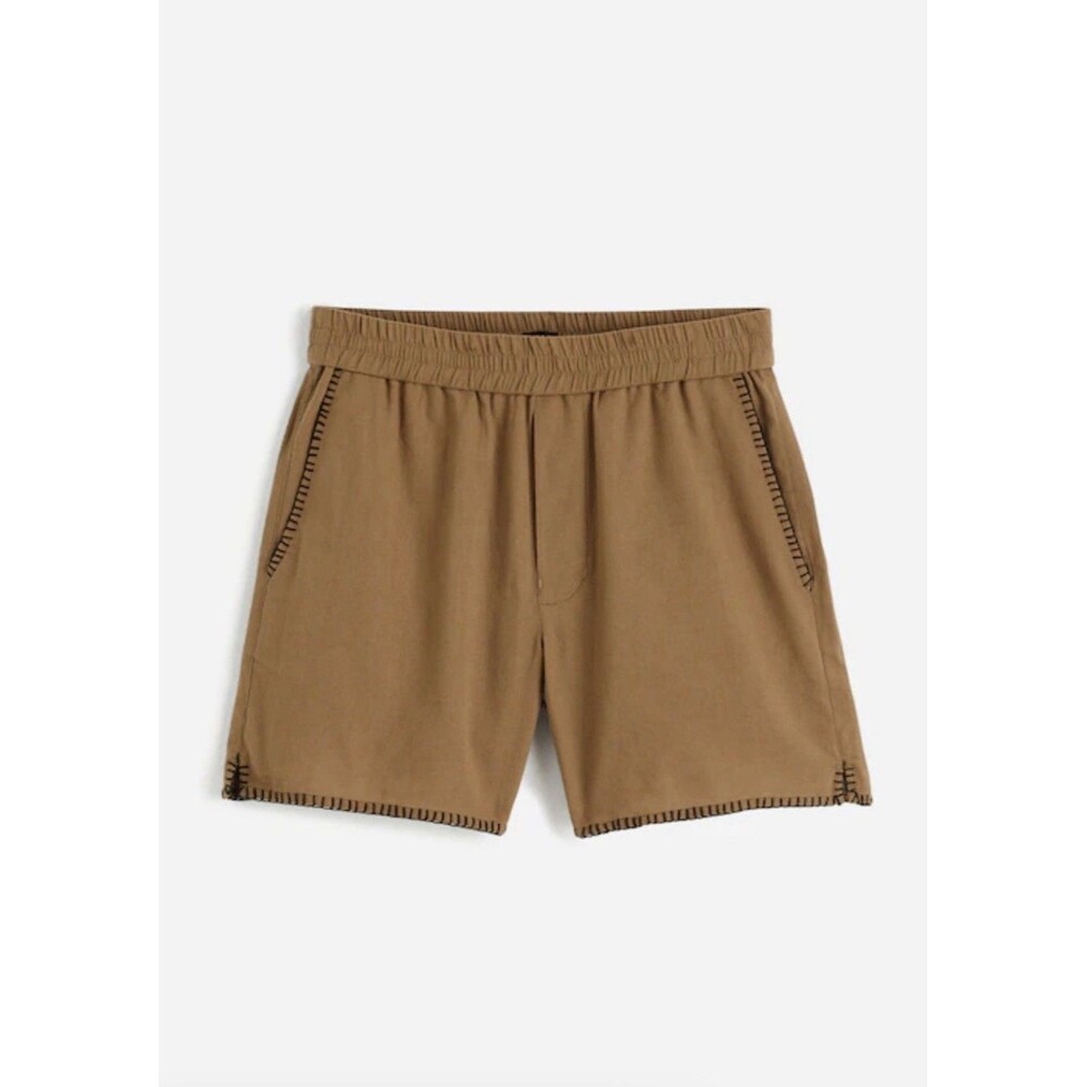 Madewell Blanket Stitch Shorts Mens Large Brown Cotton Linen Elastic Waist New